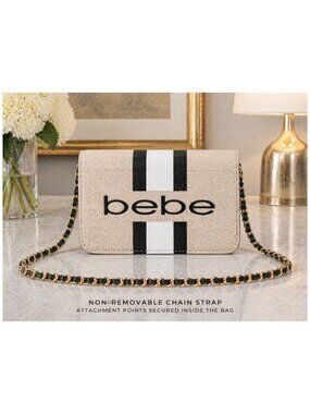 Bebe Paisley Canvas Crossbody Bag Black White Stripe Logo Chain Strap NWT